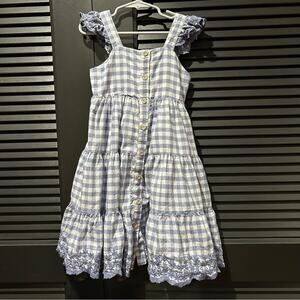 Shabby Chic Girls Cottagecore Cornflower Blue and White Dress, Size 5 Years